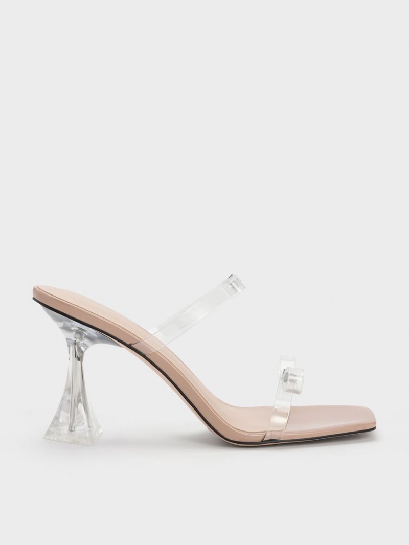 Charles And Keith Embellished Bow See-Through Heels Sandals Beige | PHILIPPINES D498