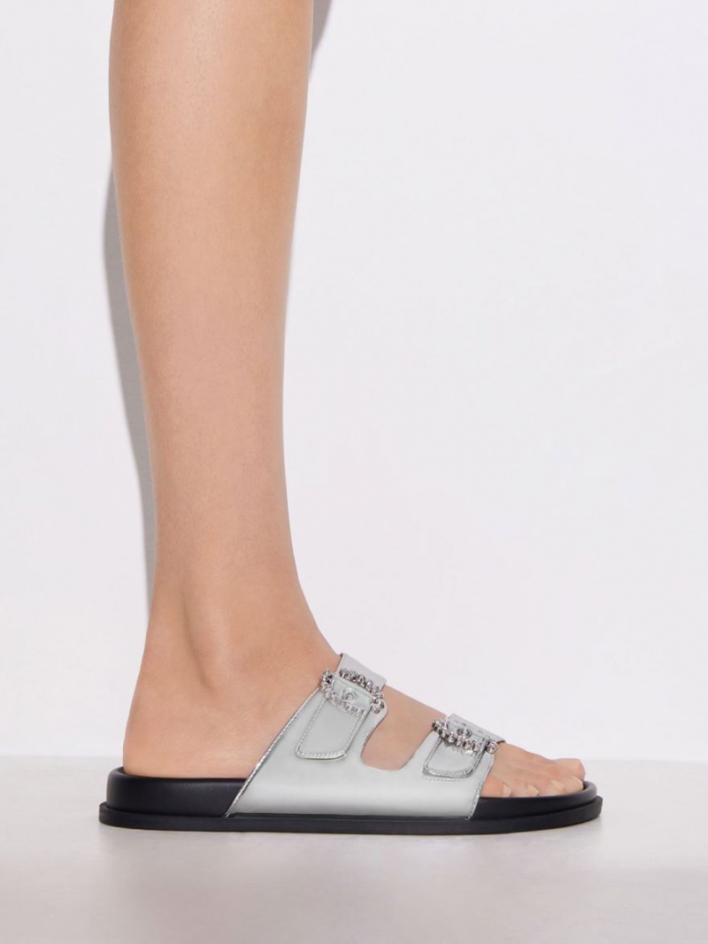 Charles And Keith Embellished Buckle Metallic Slides Silver | PHILIPPINES S057