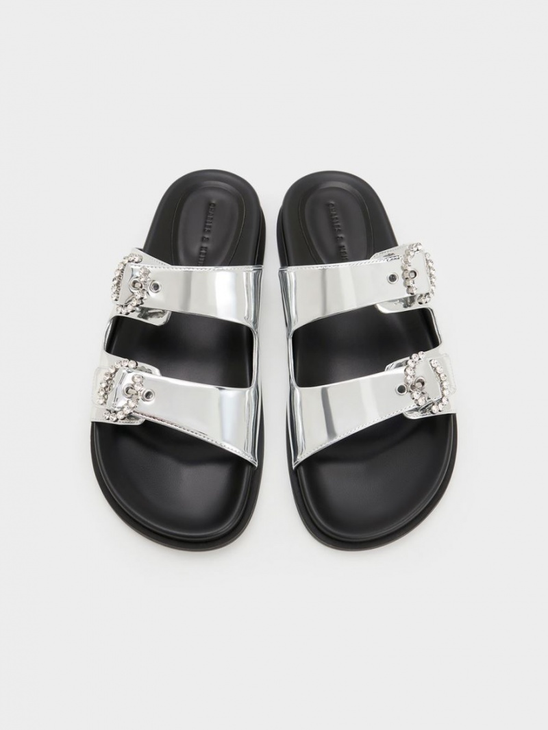 Charles And Keith Embellished Buckle Metallic Slides Silver | PHILIPPINES S057