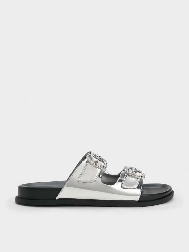 Charles And Keith Embellished Buckle Metallic Slides Silver | PHILIPPINES S057