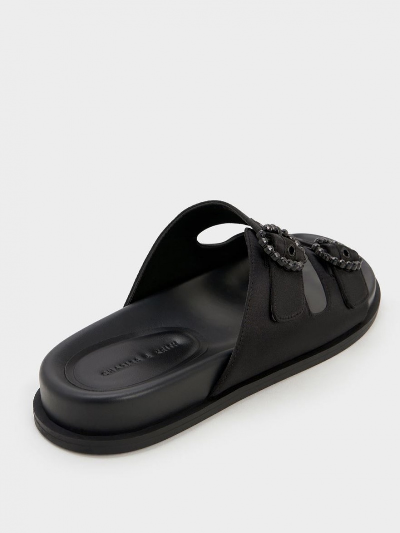 Charles And Keith Embellished Buckle Recycled Polyester Slides Black | PHILIPPINES A267