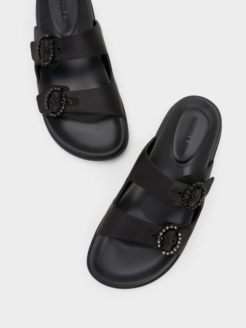 Charles And Keith Embellished Buckle Recycled Polyester Slides Black | PHILIPPINES A267