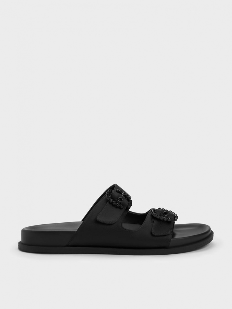 Charles And Keith Embellished Buckle Recycled Polyester Slides Black | PHILIPPINES A267