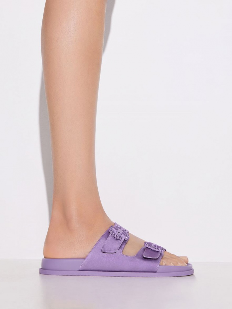 Charles And Keith Embellished Buckle Recycled Polyester Slides Purple | PHILIPPINES B481