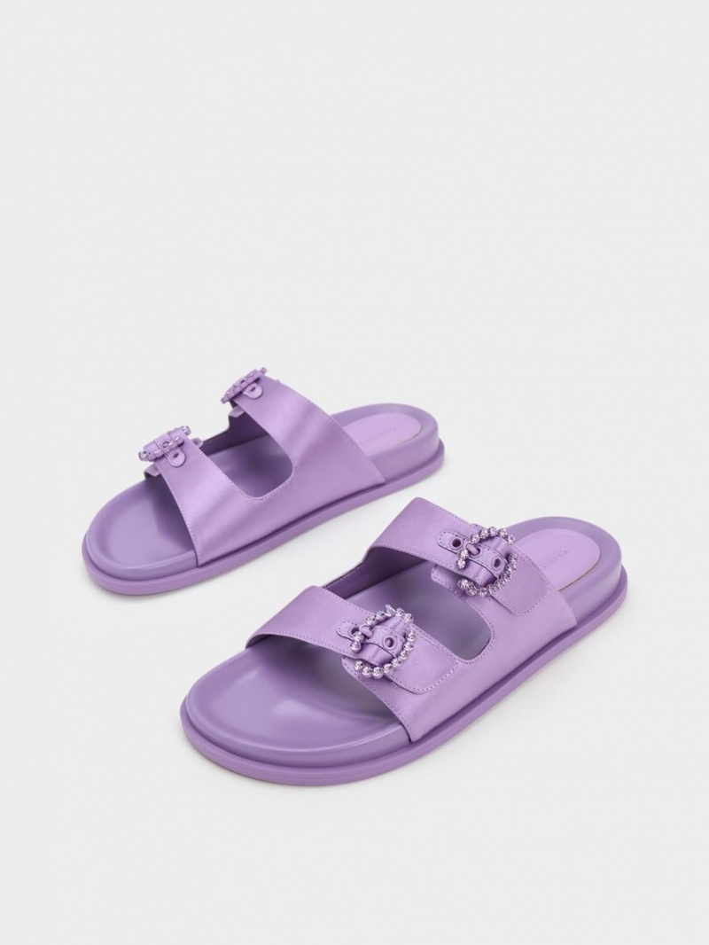 Charles And Keith Embellished Buckle Recycled Polyester Slides Purple | PHILIPPINES B481