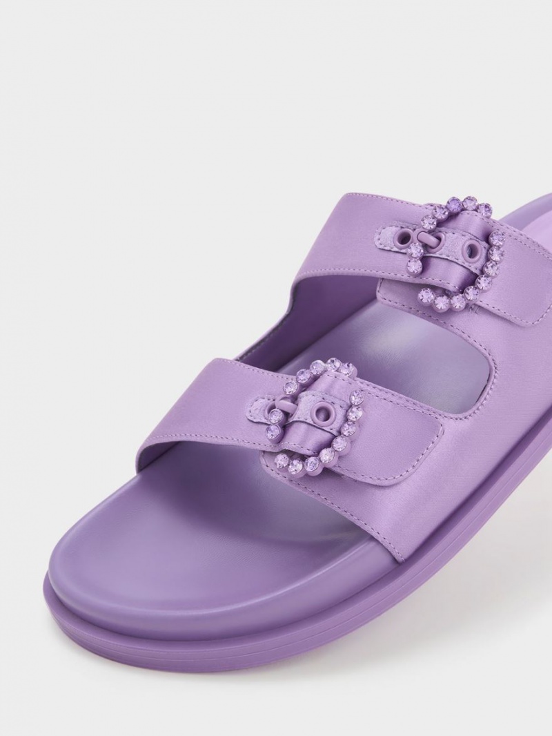 Charles And Keith Embellished Buckle Recycled Polyester Slides Purple | PHILIPPINES B481