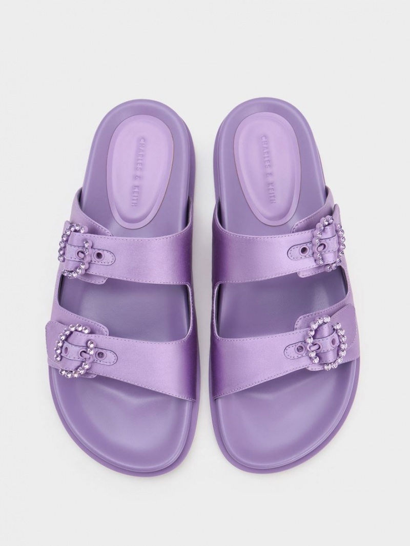 Charles And Keith Embellished Buckle Recycled Polyester Slides Purple | PHILIPPINES B481