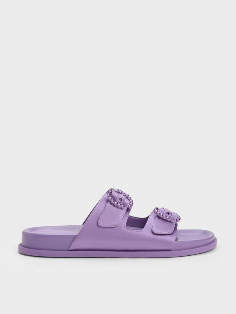 Charles And Keith Embellished Buckle Recycled Polyester Slides Purple | PHILIPPINES B481