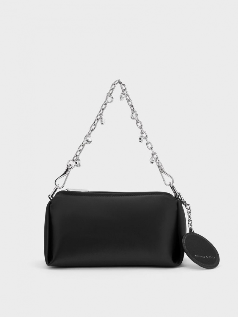 Charles And Keith Embellished Chain Handle Satin Crossbody Bags Black | PHILIPPINES X482