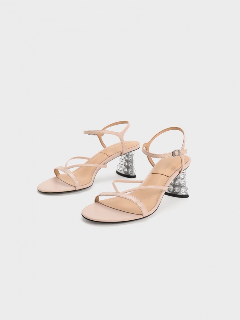 Charles And Keith Embellished Heel Leather Heels Sandals Beige | PHILIPPINES Q351