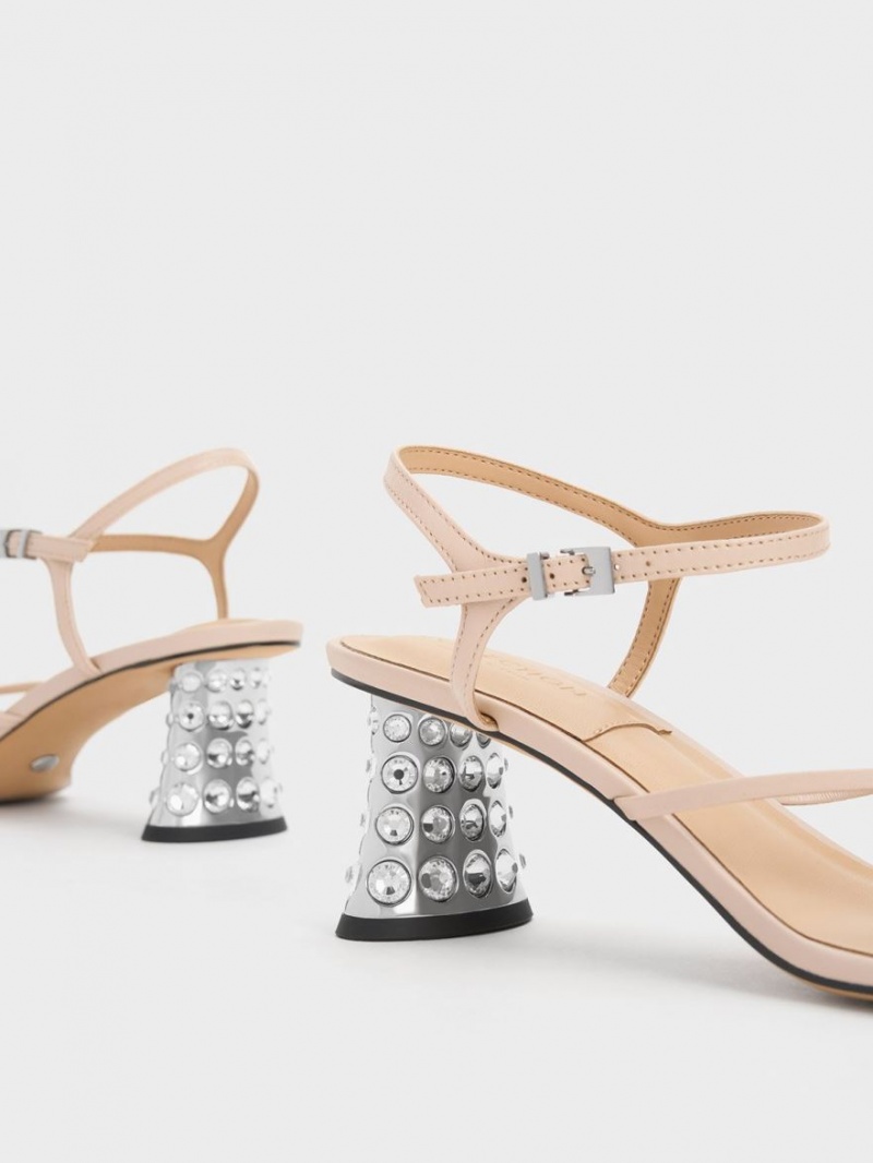 Charles And Keith Embellished Heel Leather Heels Sandals Beige | PHILIPPINES Q351