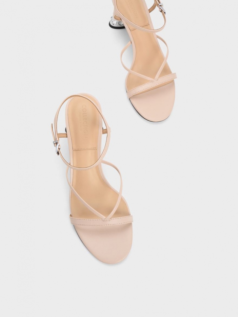 Charles And Keith Embellished Heel Leather Heels Sandals Beige | PHILIPPINES Q351