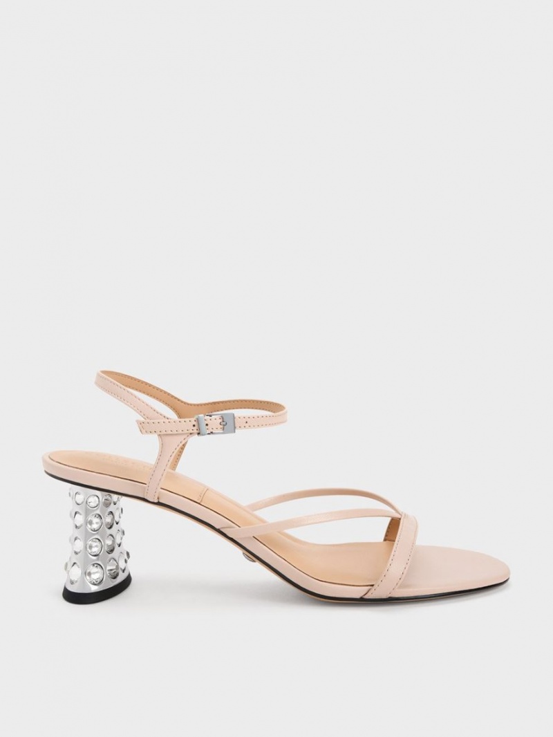 Charles And Keith Embellished Heel Leather Heels Sandals Beige | PHILIPPINES Q351