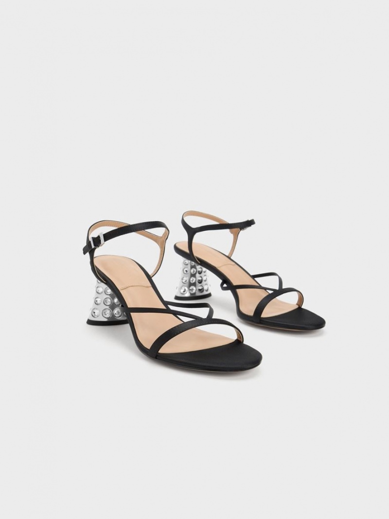 Charles And Keith Embellished Heel Recycled Polyester Heels Sandals Black | PHILIPPINES A967