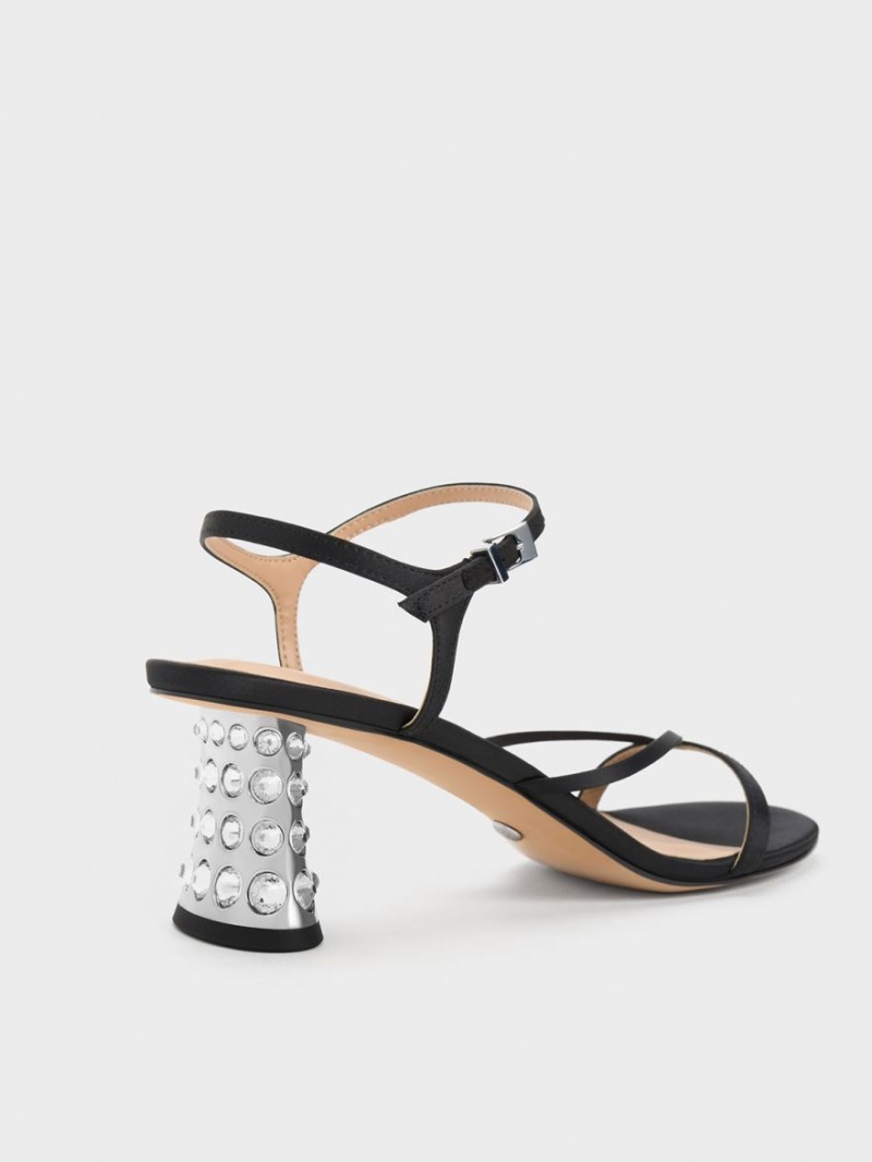 Charles And Keith Embellished Heel Recycled Polyester Heels Sandals Black | PHILIPPINES A967