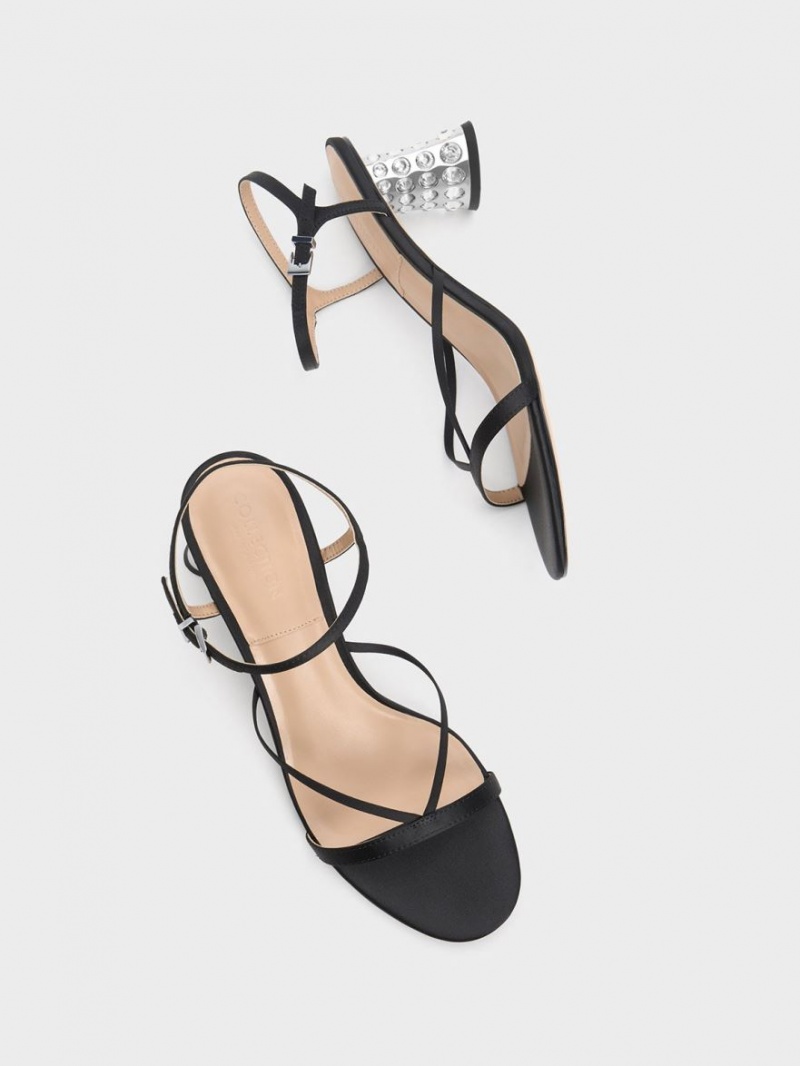 Charles And Keith Embellished Heel Recycled Polyester Heels Sandals Black | PHILIPPINES A967