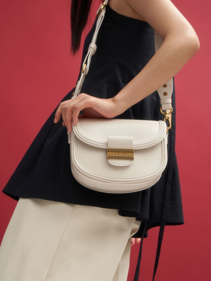 Charles And Keith Embellished Saddle Bags Cream | PHILIPPINES R963