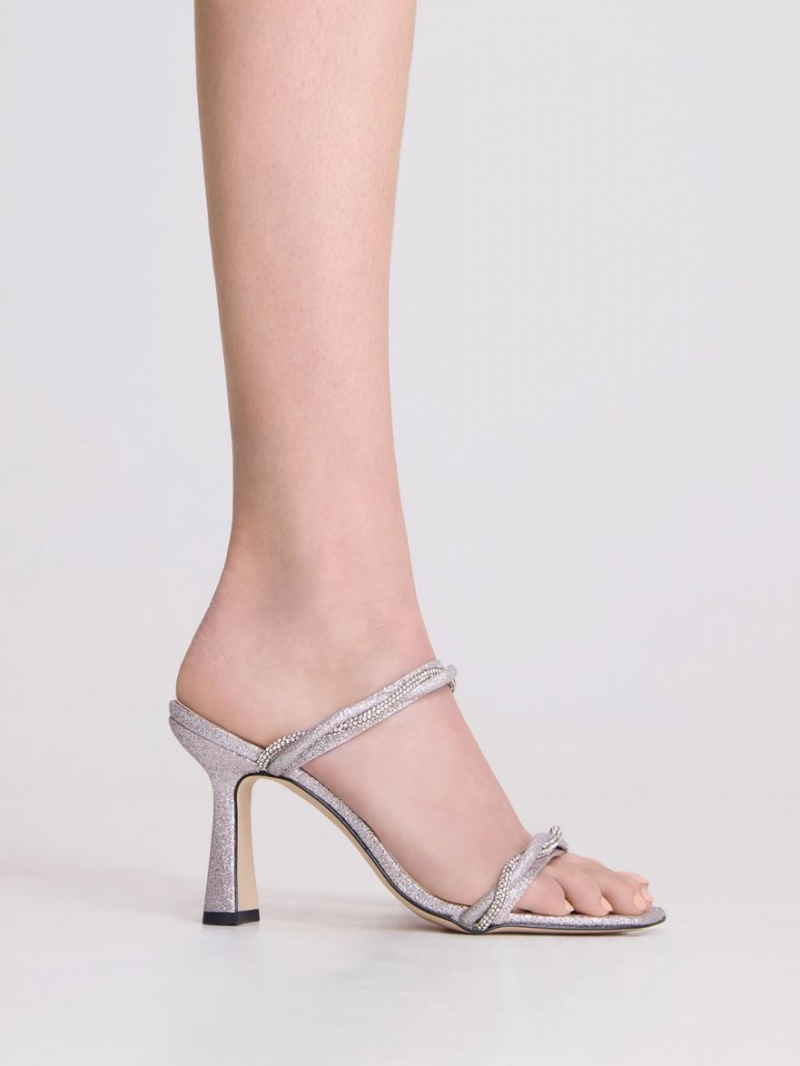 Charles And Keith Embellished Twisted Strap Glittered Heels Sandals Silver | PHILIPPINES A069