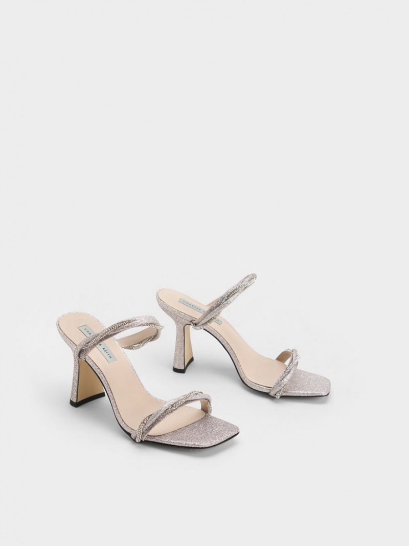 Charles And Keith Embellished Twisted Strap Glittered Heels Sandals Silver | PHILIPPINES A069