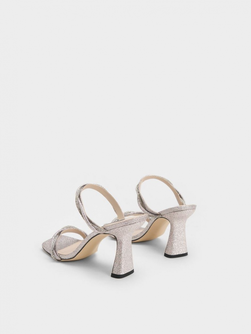 Charles And Keith Embellished Twisted Strap Glittered Heels Sandals Silver | PHILIPPINES A069