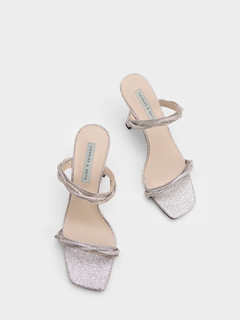 Charles And Keith Embellished Twisted Strap Glittered Heels Sandals Silver | PHILIPPINES A069