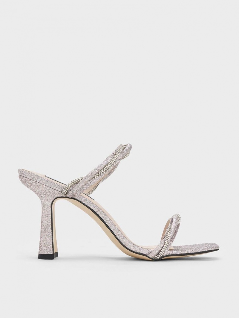 Charles And Keith Embellished Twisted Strap Glittered Heels Sandals Silver | PHILIPPINES A069