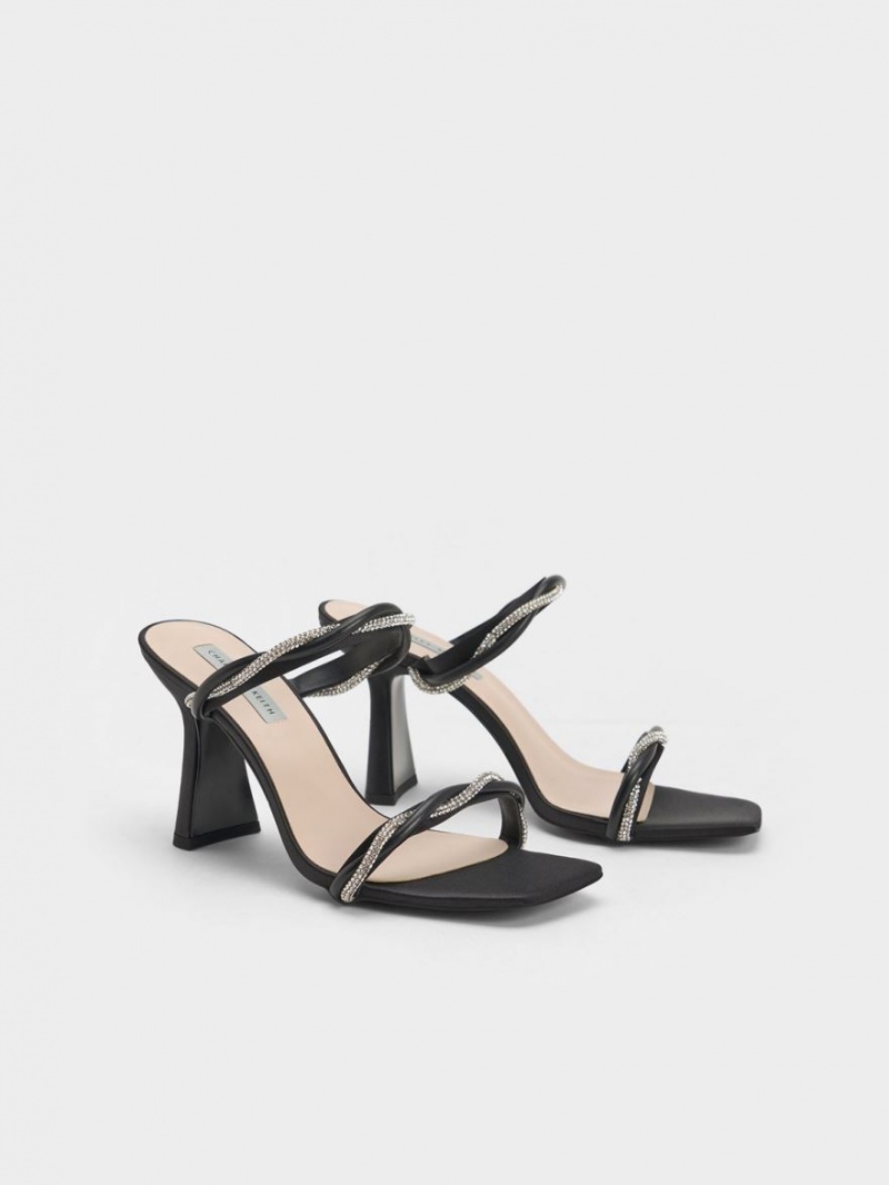 Charles And Keith Embellished Twisted Strap Satin Heels Sandals Black | PHILIPPINES H670