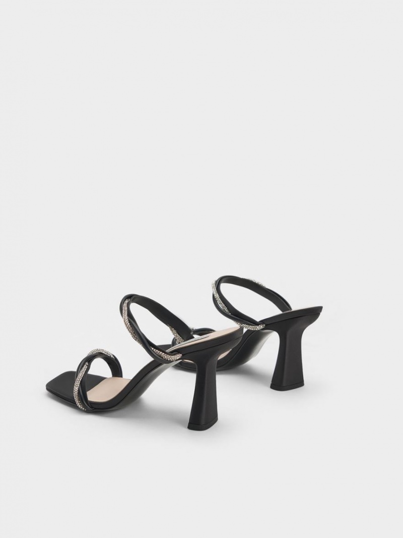 Charles And Keith Embellished Twisted Strap Satin Heels Sandals Black | PHILIPPINES H670