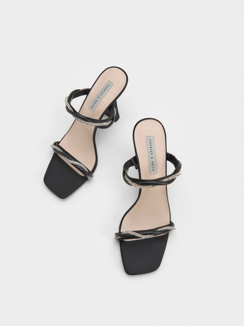 Charles And Keith Embellished Twisted Strap Satin Heels Sandals Black | PHILIPPINES H670