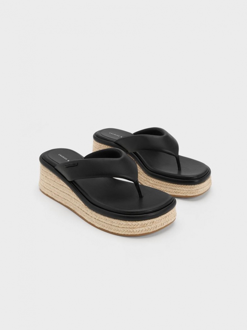 Charles And Keith Espadrille Thong Wedges Black | PHILIPPINES M485