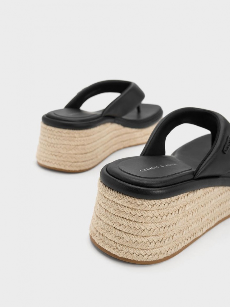 Charles And Keith Espadrille Thong Wedges Black | PHILIPPINES M485