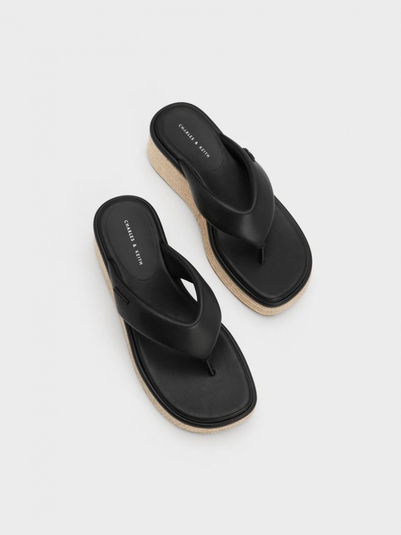 Charles And Keith Espadrille Thong Wedges Black | PHILIPPINES M485