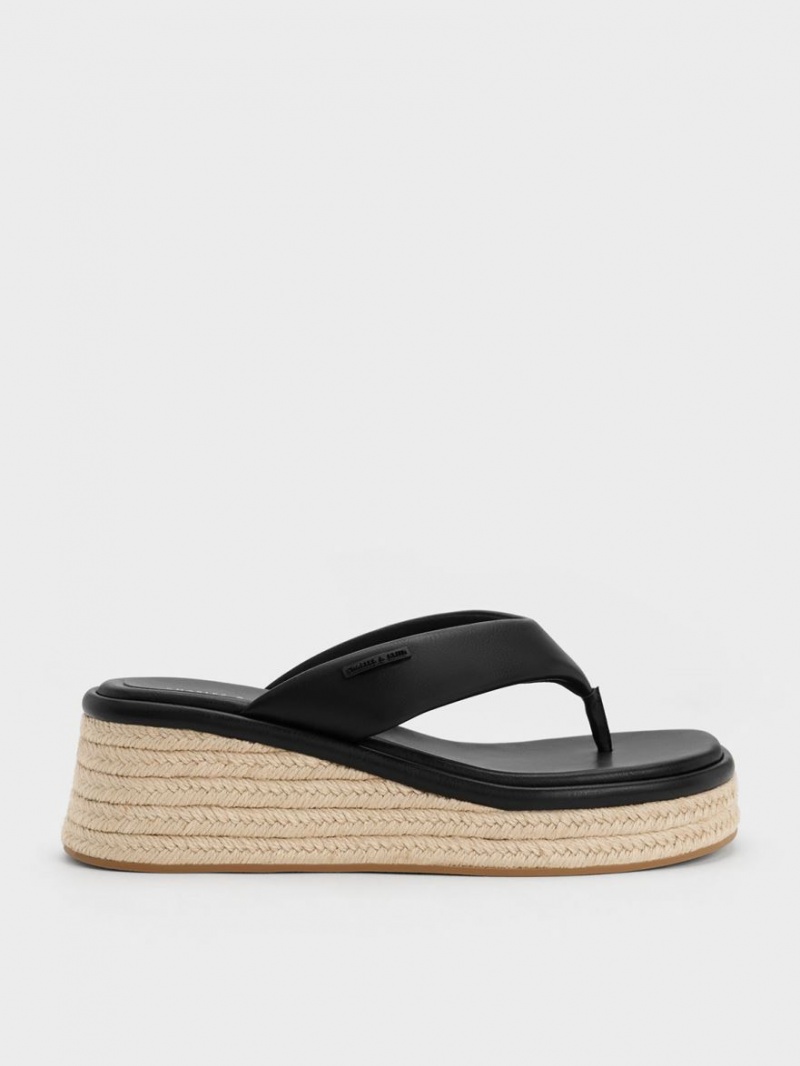 Charles And Keith Espadrille Thong Wedges Black | PHILIPPINES M485