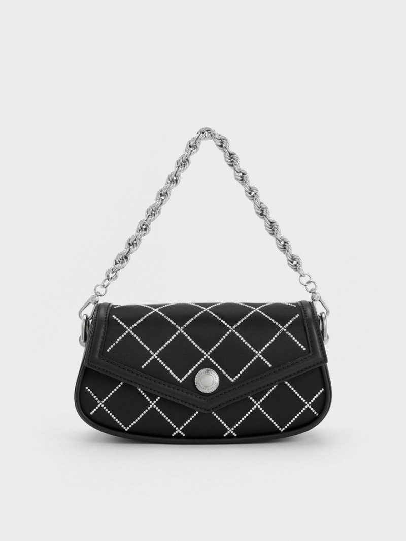 Charles And Keith Este Chain Handle Satin Shoulder Bags Black | PHILIPPINES M138