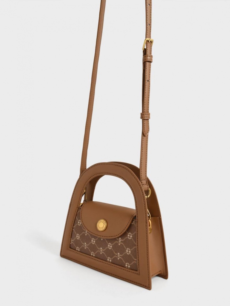 Charles And Keith Este Printed Trapeze Crossbody Bags Chocolate | PHILIPPINES Q304