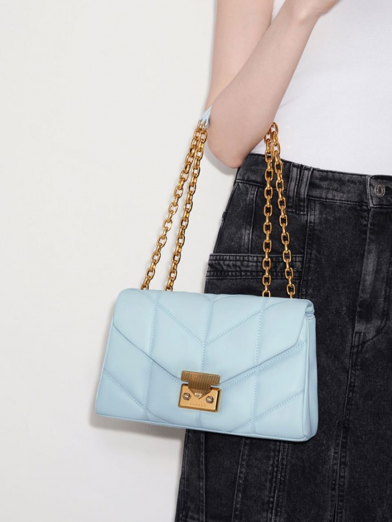 Charles And Keith Eudora Chevron Trapeze Crossbody Bags Blue | PHILIPPINES U170