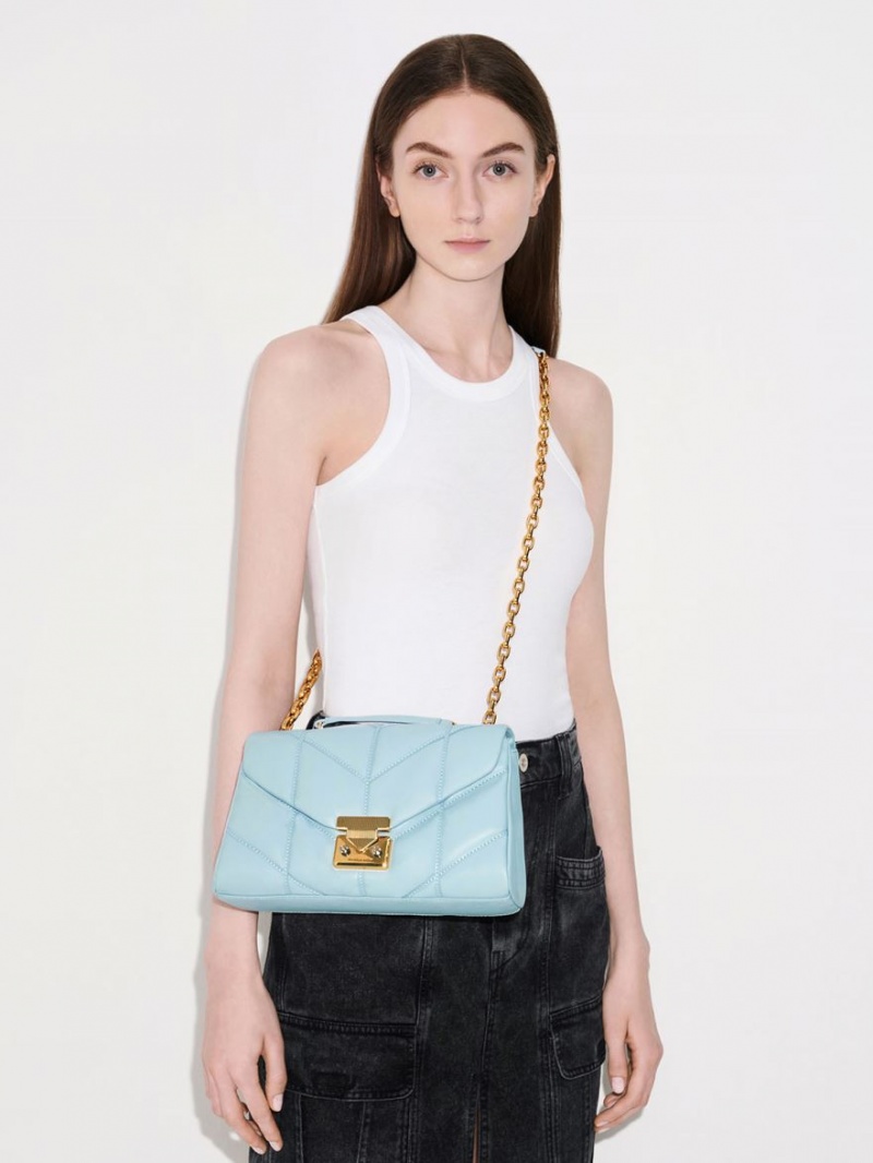 Charles And Keith Eudora Chevron Trapeze Crossbody Bags Blue | PHILIPPINES U170