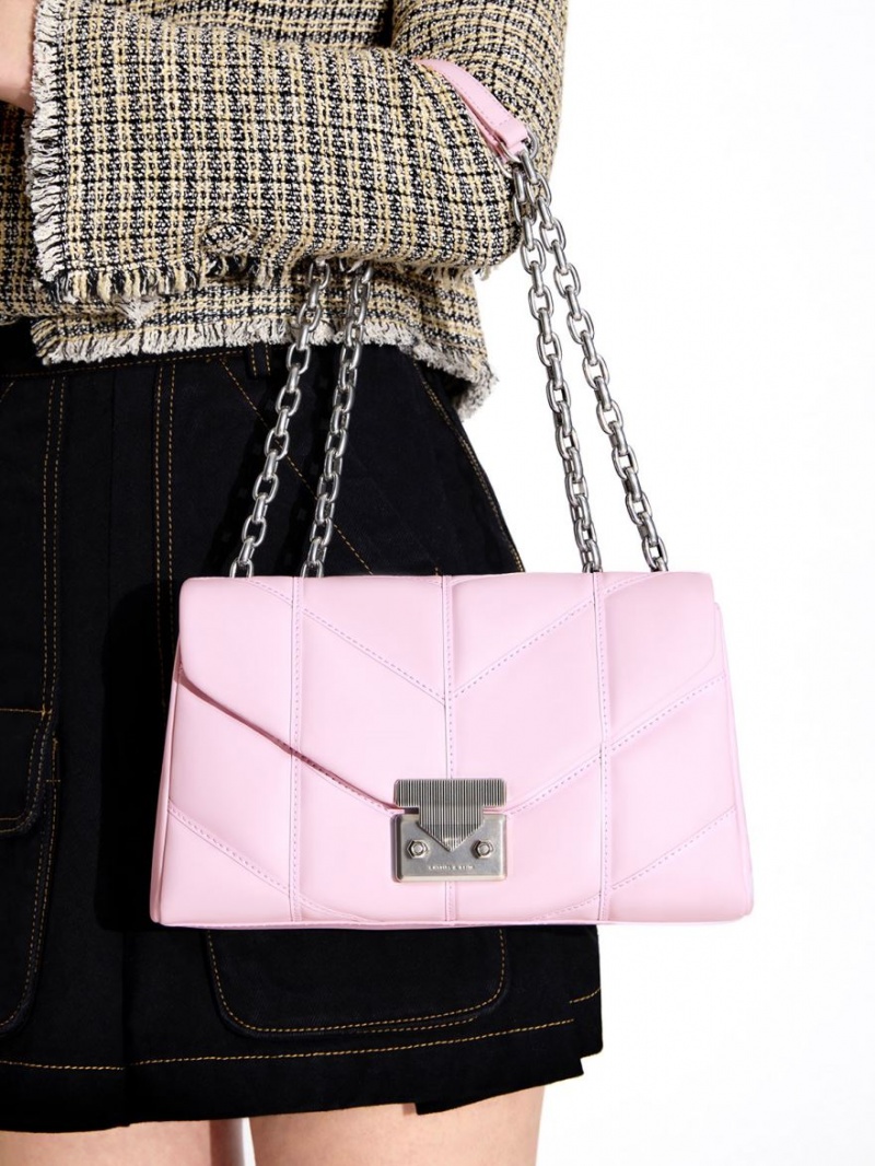 Charles And Keith Eudora Chevron Trapeze Crossbody Bags Pink | PHILIPPINES S260