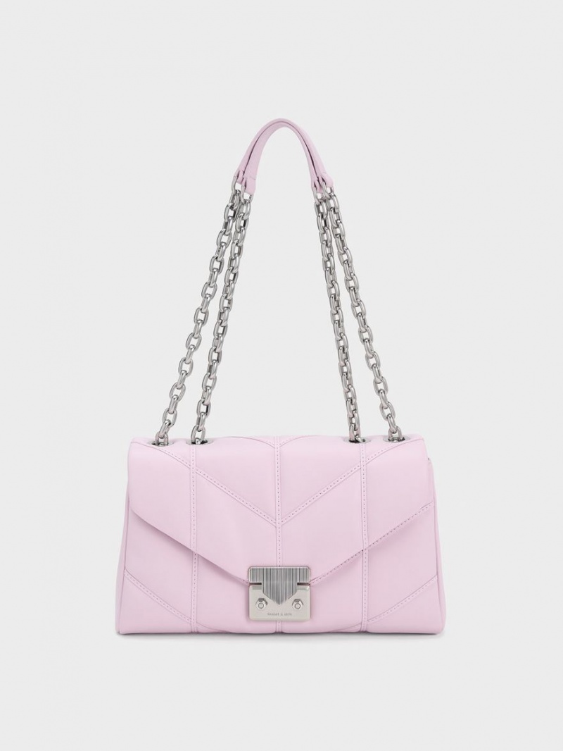 Charles And Keith Eudora Chevron Trapeze Crossbody Bags Pink | PHILIPPINES S260