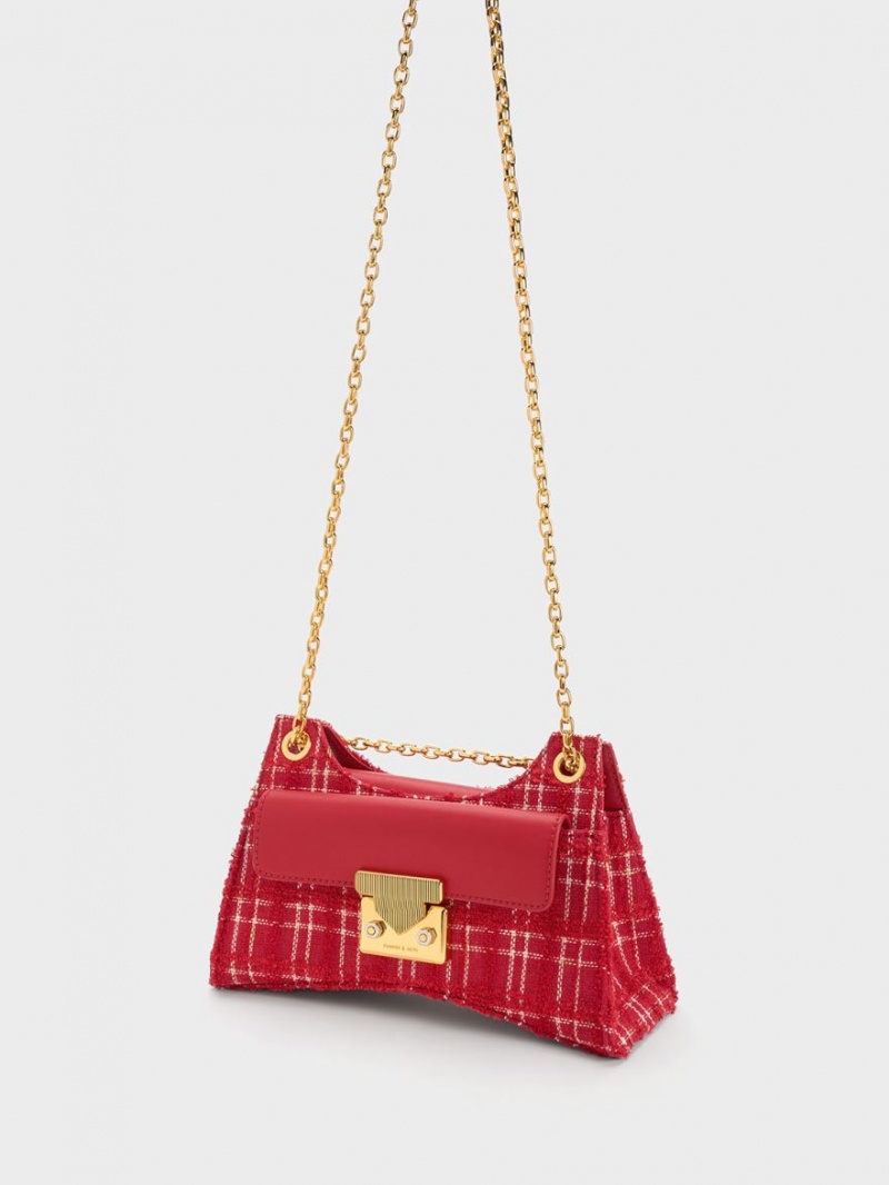 Charles And Keith Eudora Tweed Sculptural Shoulder Bags Red | PHILIPPINES Y354