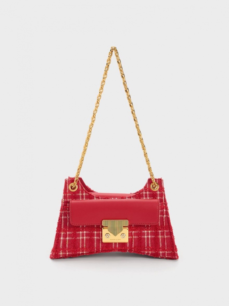 Charles And Keith Eudora Tweed Sculptural Shoulder Bags Red | PHILIPPINES Y354