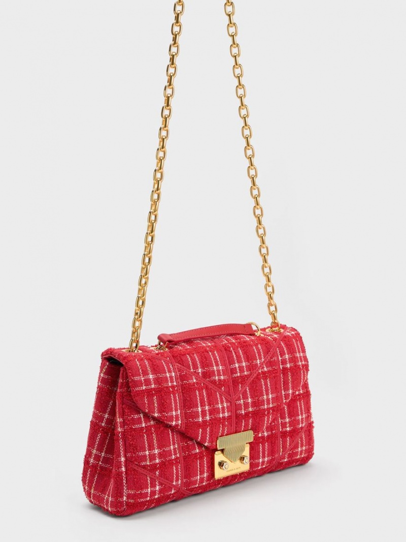 Charles And Keith Eudora Tweed Trapeze Crossbody Bags Red | PHILIPPINES L465