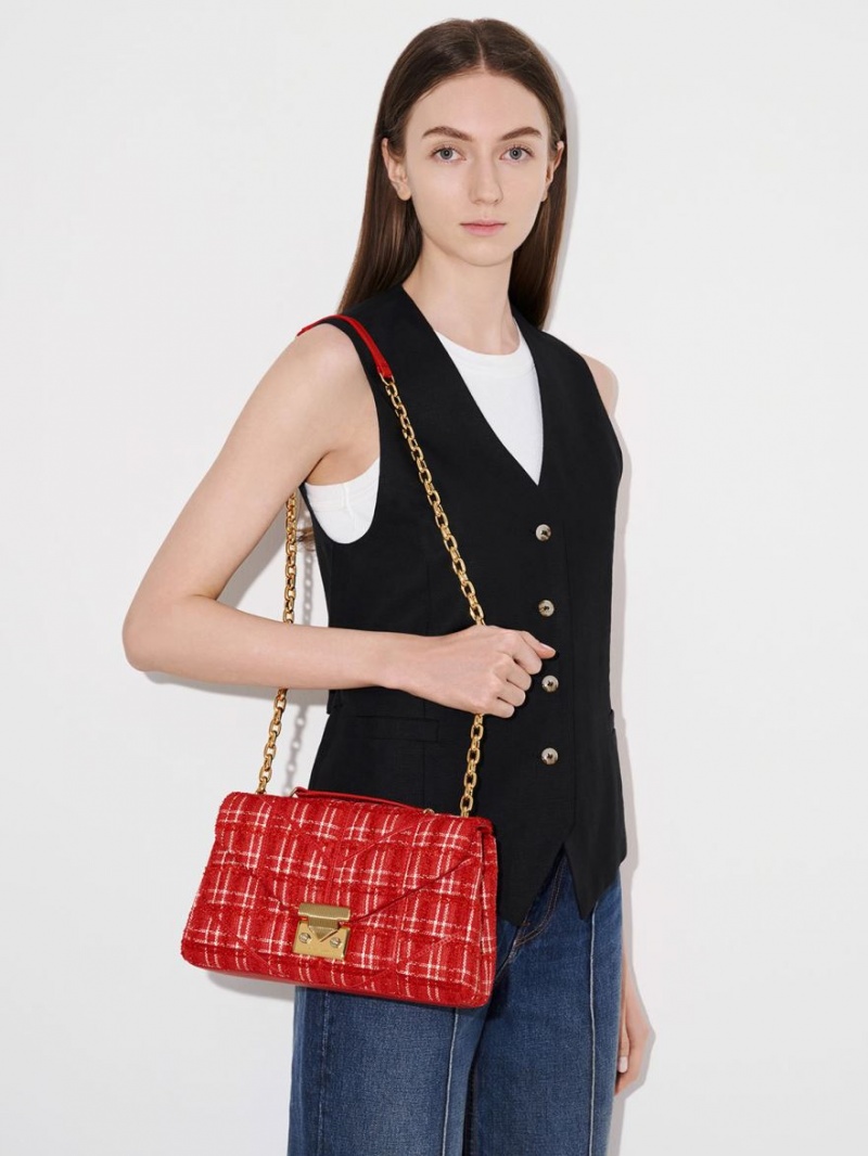 Charles And Keith Eudora Tweed Trapeze Crossbody Bags Red | PHILIPPINES L465