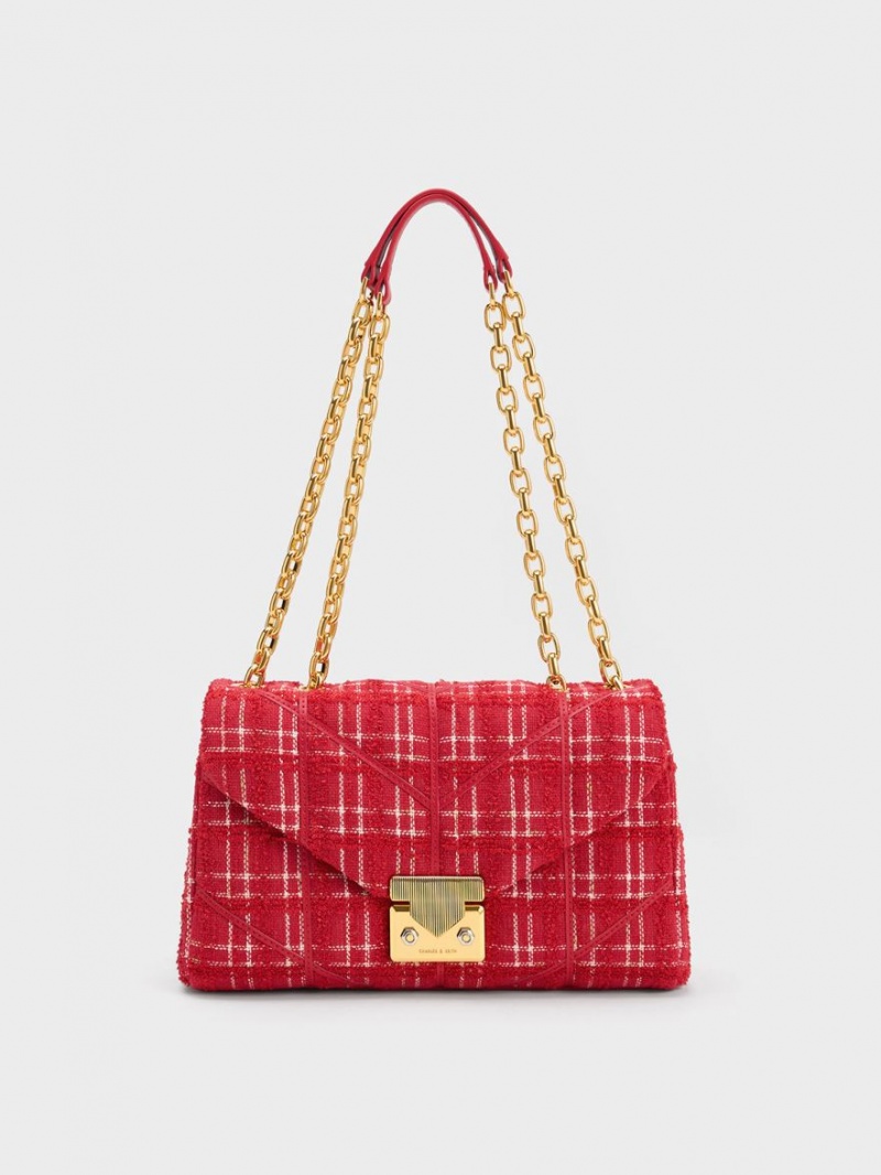 Charles And Keith Eudora Tweed Trapeze Crossbody Bags Red | PHILIPPINES L465