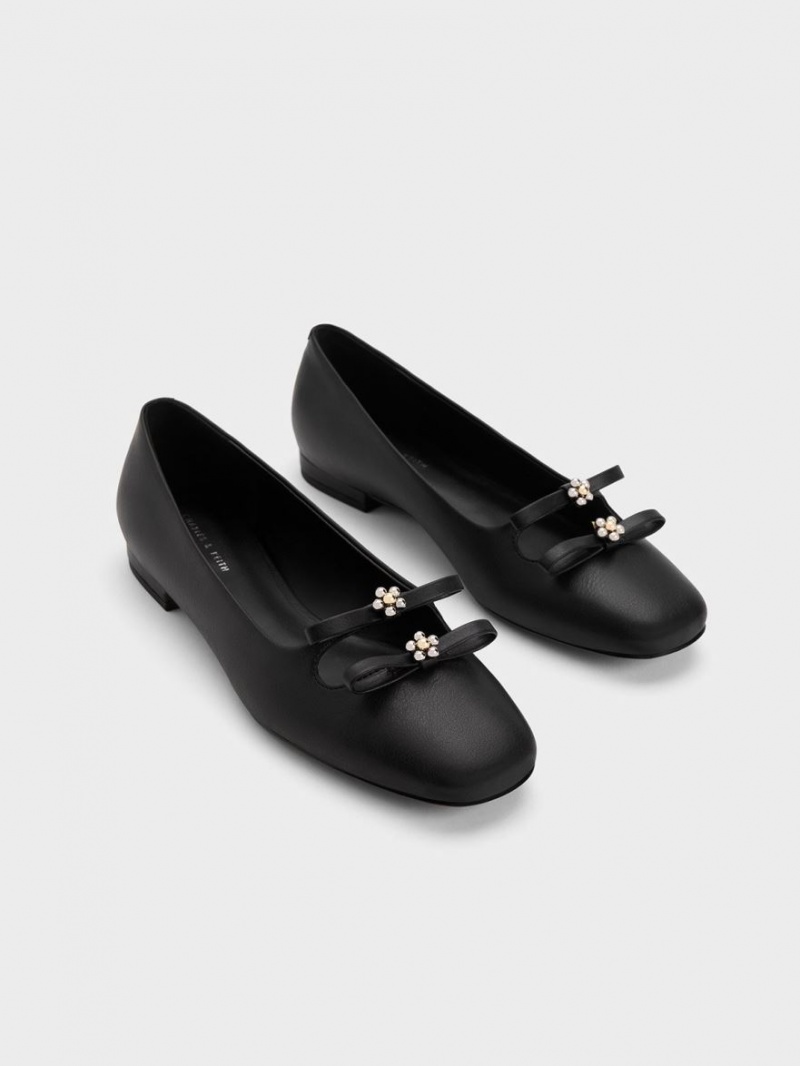 Charles And Keith Floral Beaded Bow Ballet Flats Black | PHILIPPINES N570