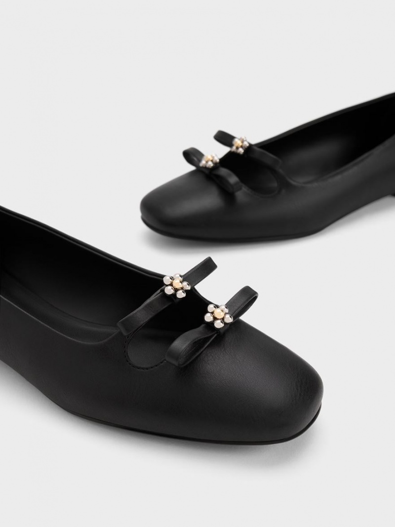 Charles And Keith Floral Beaded Bow Ballet Flats Black | PHILIPPINES N570