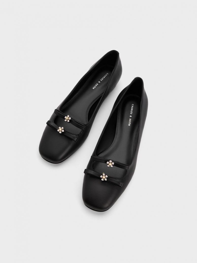 Charles And Keith Floral Beaded Bow Ballet Flats Black | PHILIPPINES N570