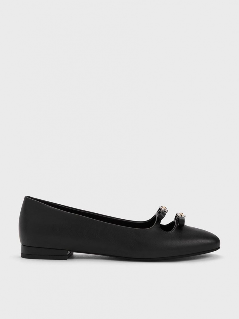 Charles And Keith Floral Beaded Bow Ballet Flats Black | PHILIPPINES N570