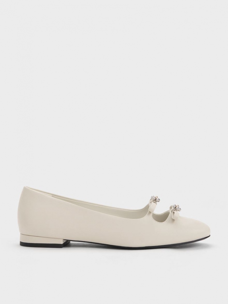 Charles And Keith Floral Beaded Bow Ballet Flats White | PHILIPPINES G487