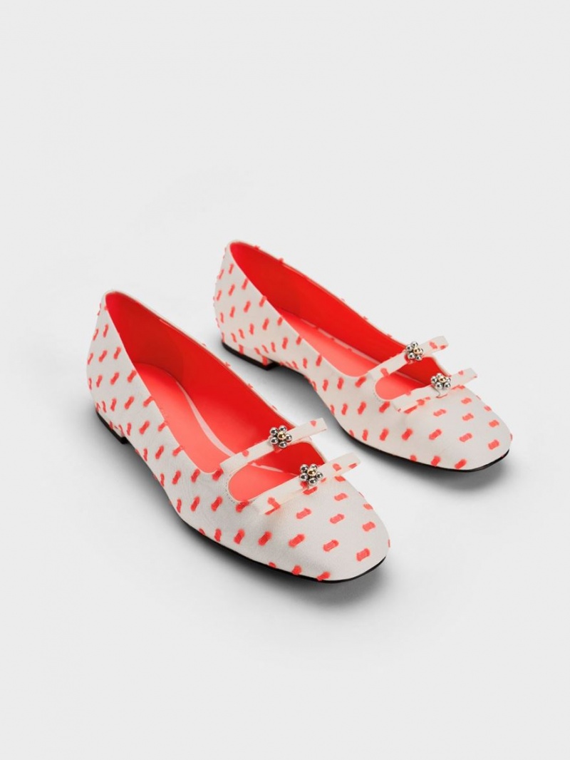 Charles And Keith Floral Beaded Printed Bow Ballet Flats Coral | PHILIPPINES D542